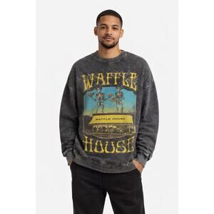 Black Acid Wash Oversized Vintage Sweatshirt Unisex 2XL Pullover Cotton